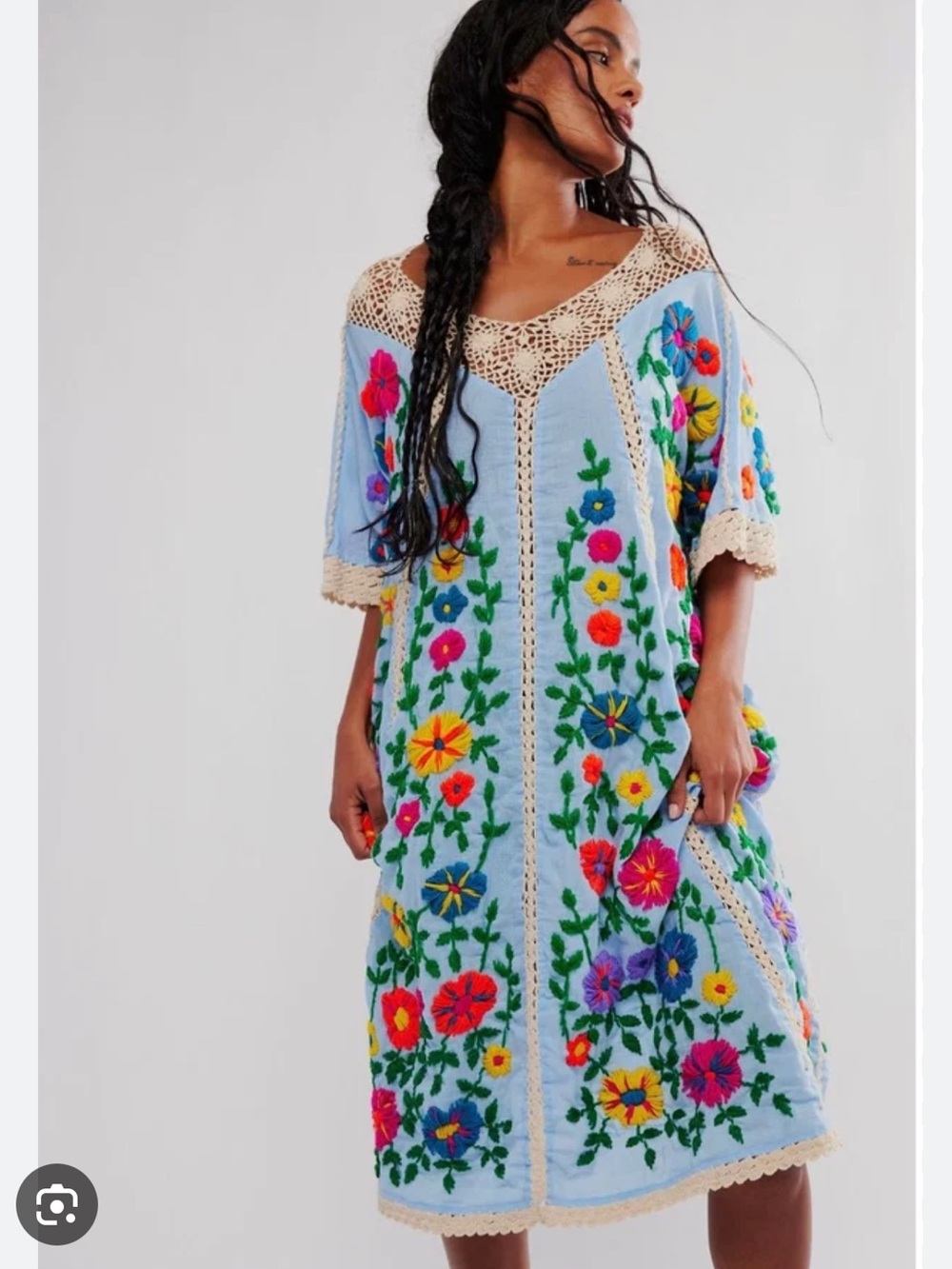 Free People Bella Flor Embroidered Crochet Colorful Kaftan Coverup OS